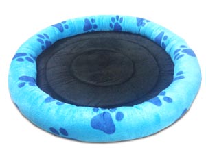 Dog Bed Round Shaped In Blue Color with Dark Blue Paws Design for Small and Medium Size Dogs